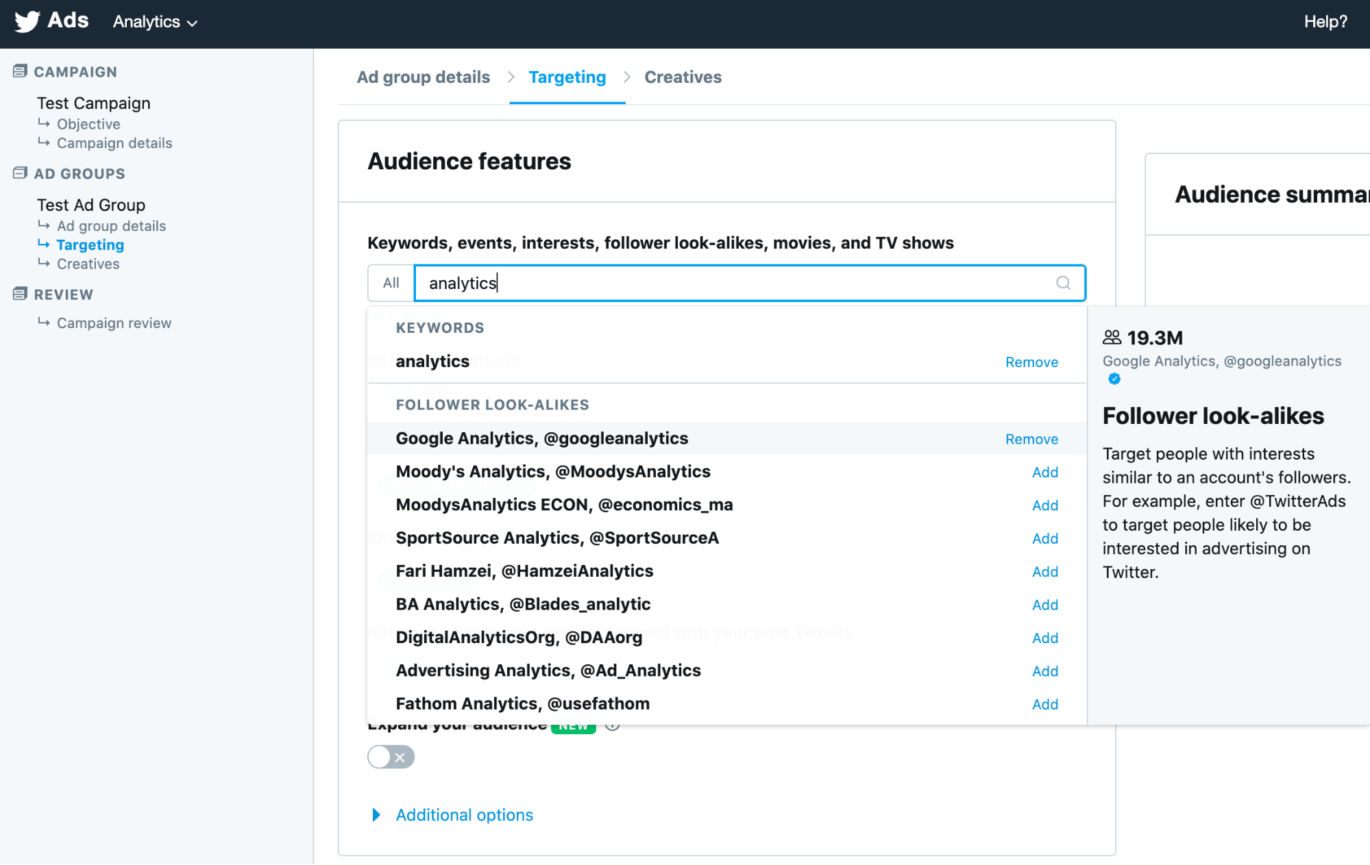 Twitter Ads Audience Features Screenshot