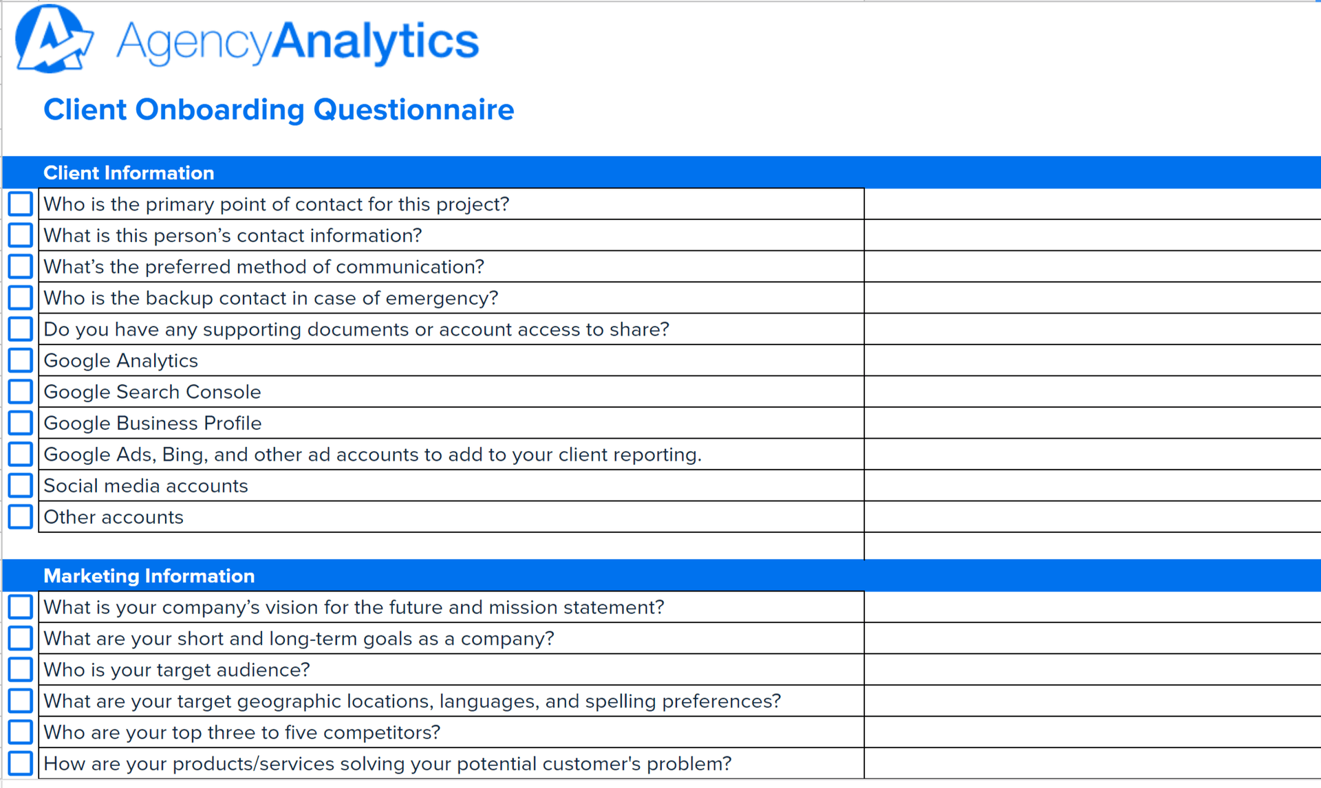 Client Onboarding Questionnaire Template for New Clients AgencyAnalytics