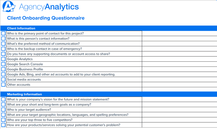 Client Onboarding Questionnaire Template for New Clients - AgencyAnalytics