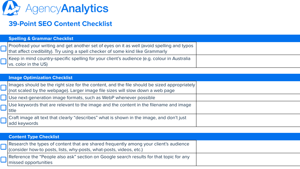 39-Point SEO Content Checklist For Writers & Editors - AgencyAnalytics