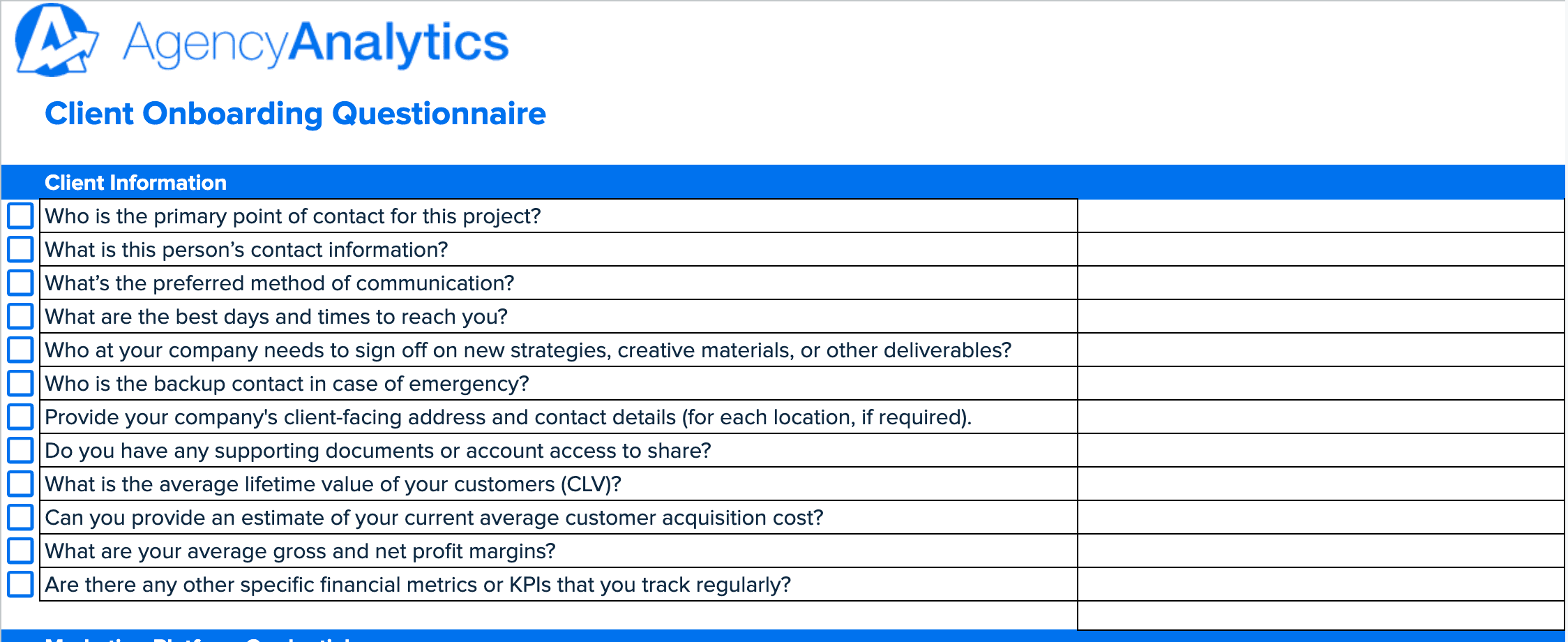 Client Onboarding Questionnaire google sheet template