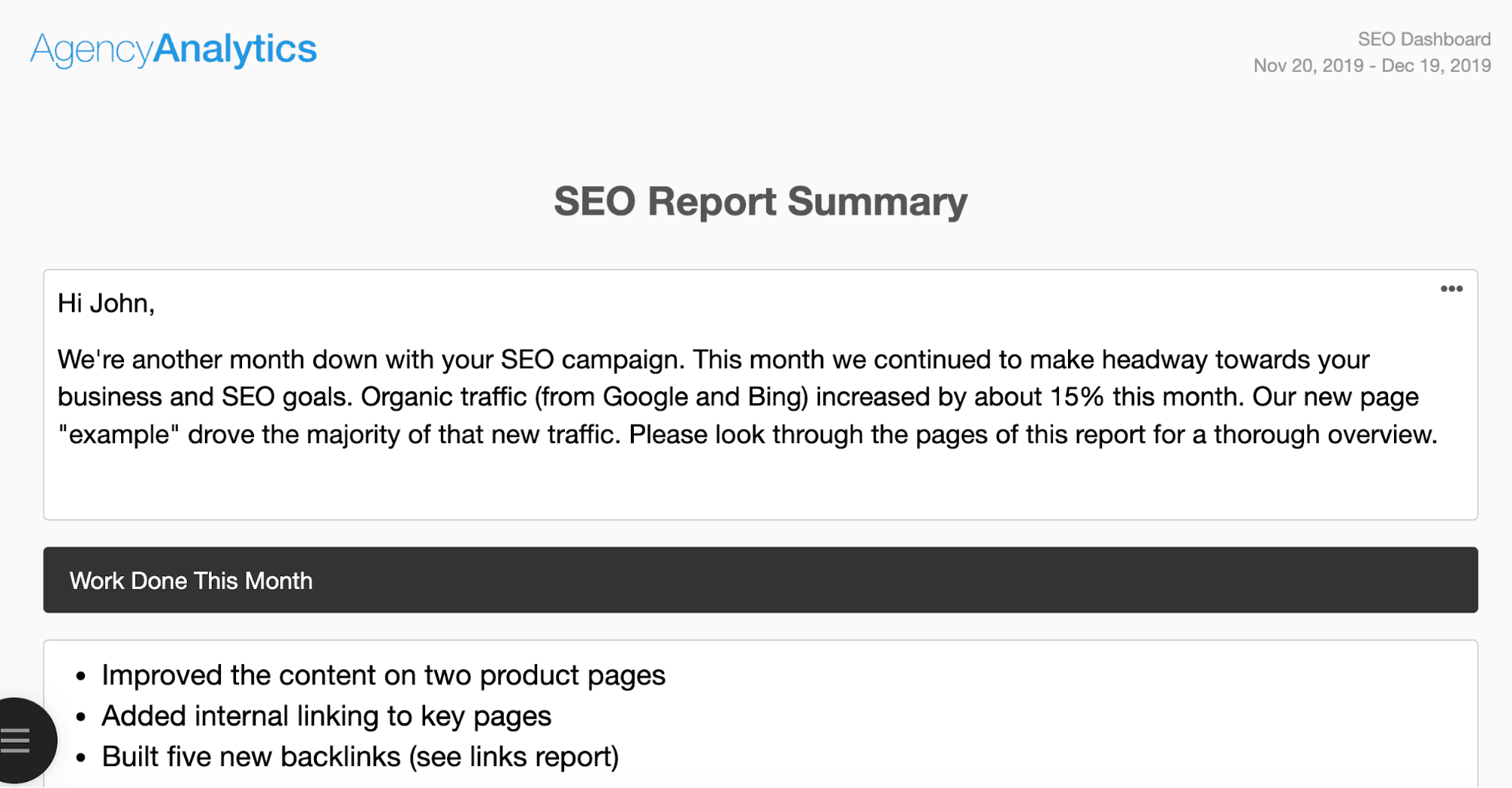 SEO report summary example